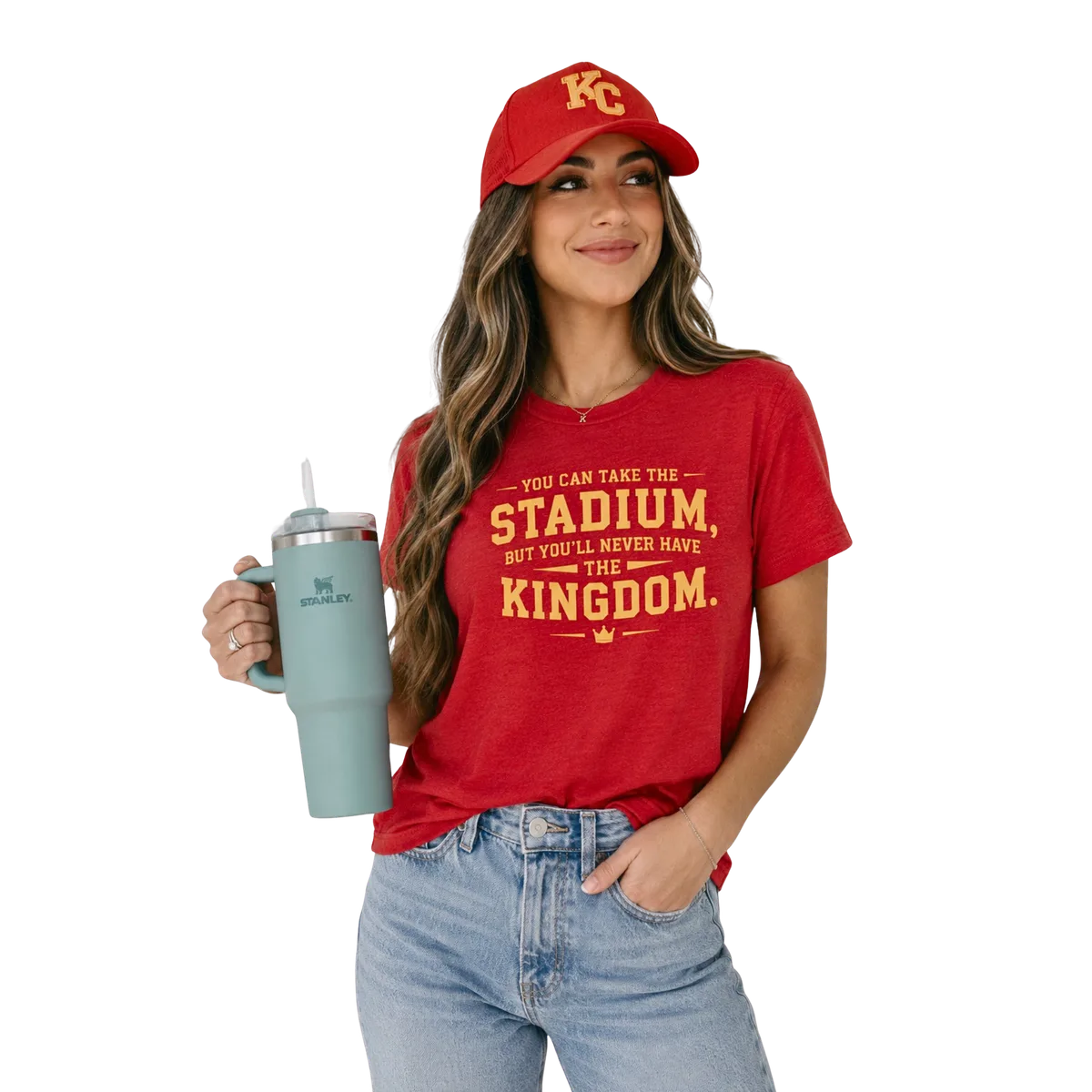 Woman wearing the red Kingdom Tee with jeans and a red Kansas City cap