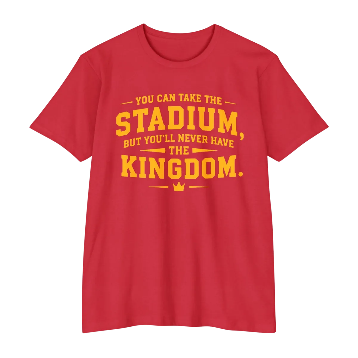 Front view of the red Kingdom Tee with gold lettering