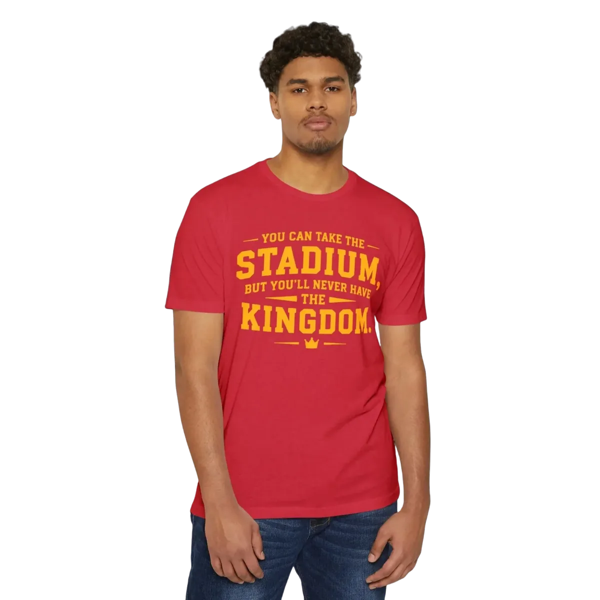 Man wearing the red Kingdom Tee with jeans